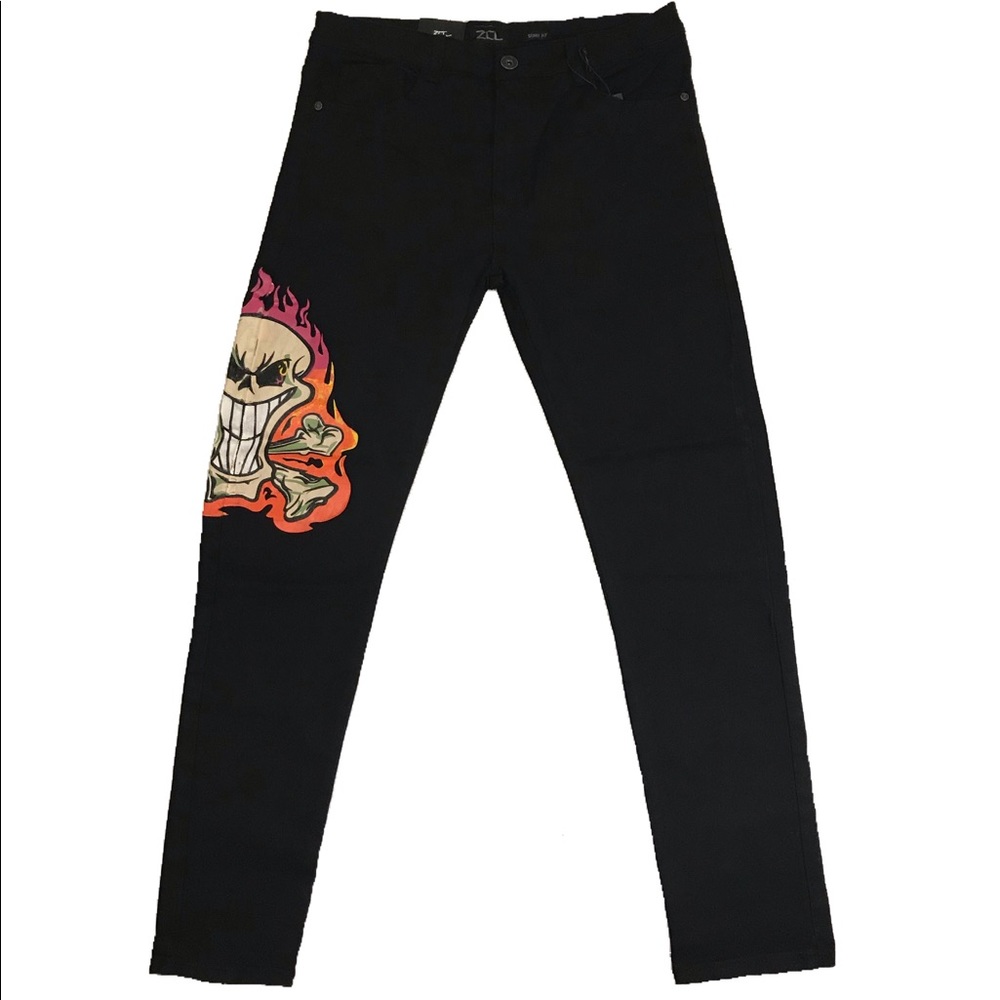 Men’s “Flaming Skull” skinny jeans. Multiple sizes